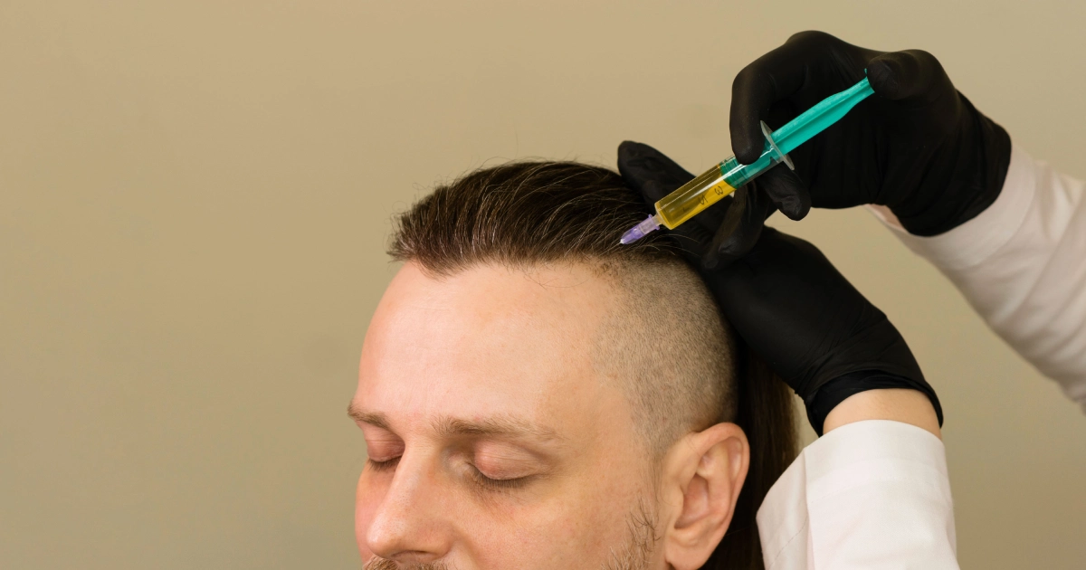 Close-up of a PRP injection in Austin, TX into the scalp for hair restoration, with a medical professional holding the syringe.